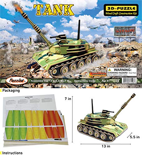 Puzzled 3D Puzzle Colorful Tank Wood Craft Construction Kit Fun, Unique and Educational DIY Wooden Military Toy Assemble Model Pre-Colored Crafting Puzzled
