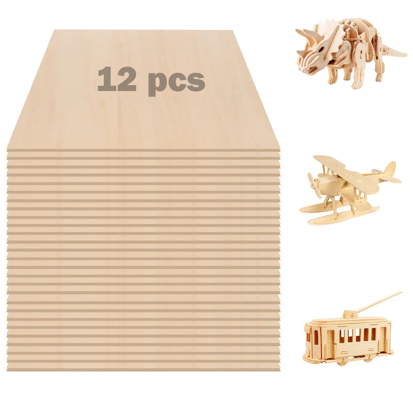 12 Pack Basswood Sheets, 12 x 12 x 1/8 inch Plywood, 3 mm Thin Unfinished Wood Board for Crafts, Laser Cutting & Engraving, Wood Burning, CNC - WoodArtSupply