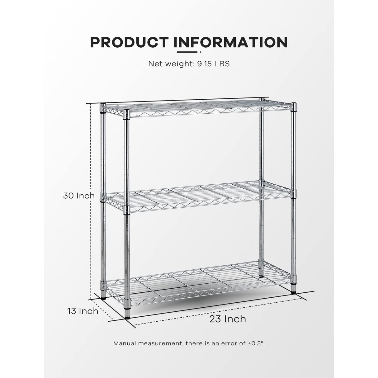 3-Tier Adjustable Wire Storage Shelving Rack, 150 Lbs Capacity Per Shelf, For Pantry Garage Kitchen - 23"x12"x30", Chrome MGHH