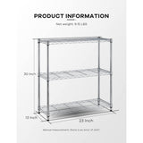3-Tier Adjustable Wire Storage Shelving Rack, 150 Lbs Capacity Per Shelf, For Pantry Garage Kitchen - 23"x12"x30", Chrome MGHH