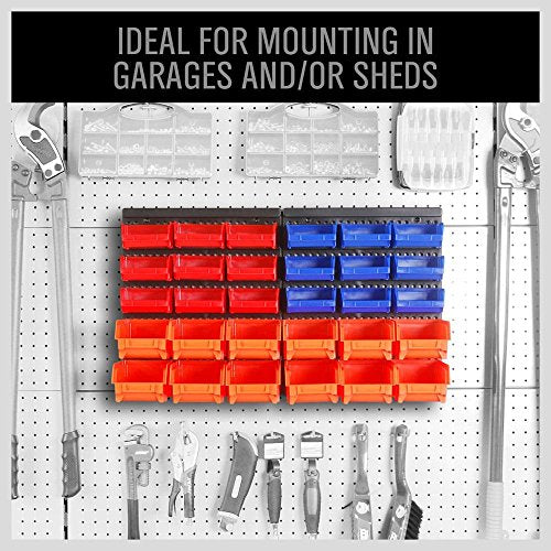 HORUSDY Wall Mounted Storage Bins Parts Rack 30PC Organizer Garage Plastic Shop Tool for Men's Gift, Blue,Orange,Red HORUSDY