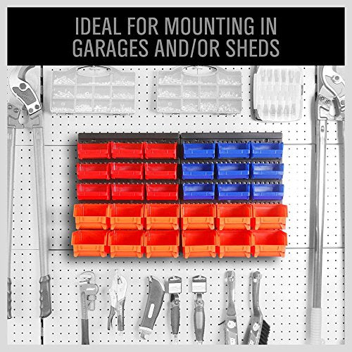 HORUSDY Wall Mounted Storage Bins Parts Rack 30PC Organizer Garage Plastic Shop Tool for Men's Gift, Blue,Orange,Red