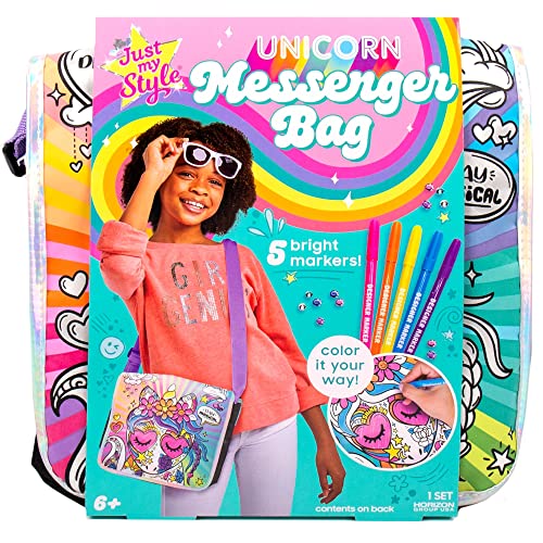 Just My Style Color Your Own Unicorn, Personalized Doodle Messenger Bag with Adjustable Strap, Great for School & Errands, Gift Ideas for Girls, - WoodArtSupply