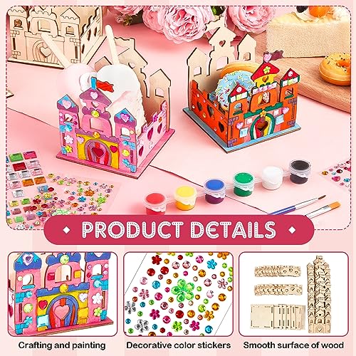 Zhanmai 24 Set Paint Wooden Castle Crafts Kit DIY Princess Castle Wooden Crafts Kit with Paint Brushes and Rhinestone Stickers for Kids Girls - WoodArtSupply