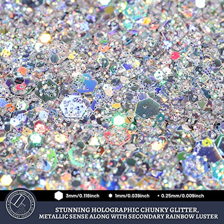 LEOBRO Glitter, Holographic Chunky Glitter, 160G/5.64OZ Silver Glitter, Craft Glitter for Resin, Metallic Iridescent Silver Chunky Glitter Sequins LEOBRO