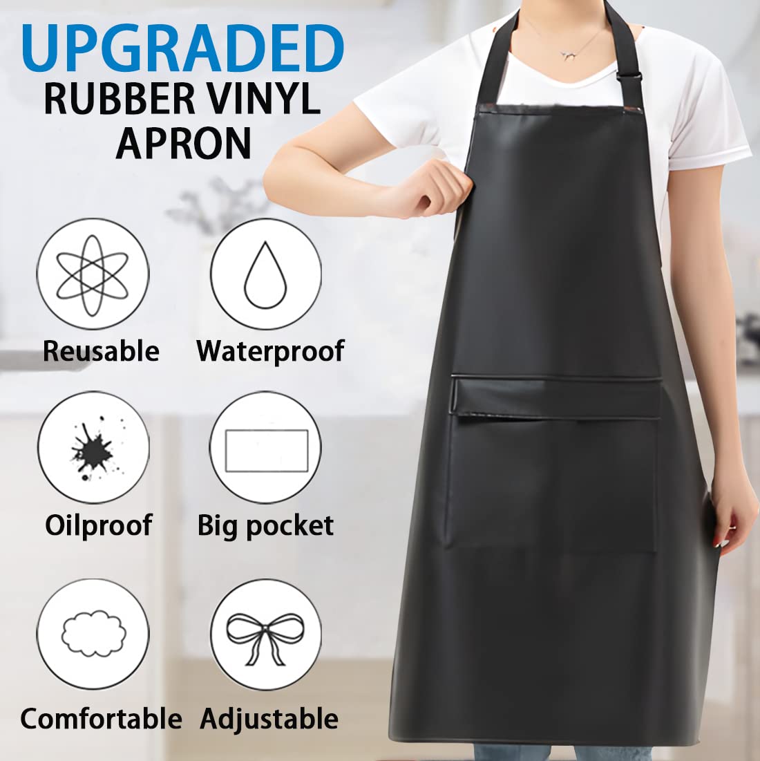 RUIFYRAY Black Vinyl Leather Apron with Pockets for Women, Waterproof for Kitchen, Cooking, Dishwashing, Dog Grooming - WoodArtSupply