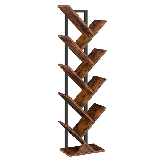 HOOBRO Rustic Brown 9-Tier Tree Bookshelf - Stylish Wooden Storage Rack for Books and CDs - WoodArtSupply