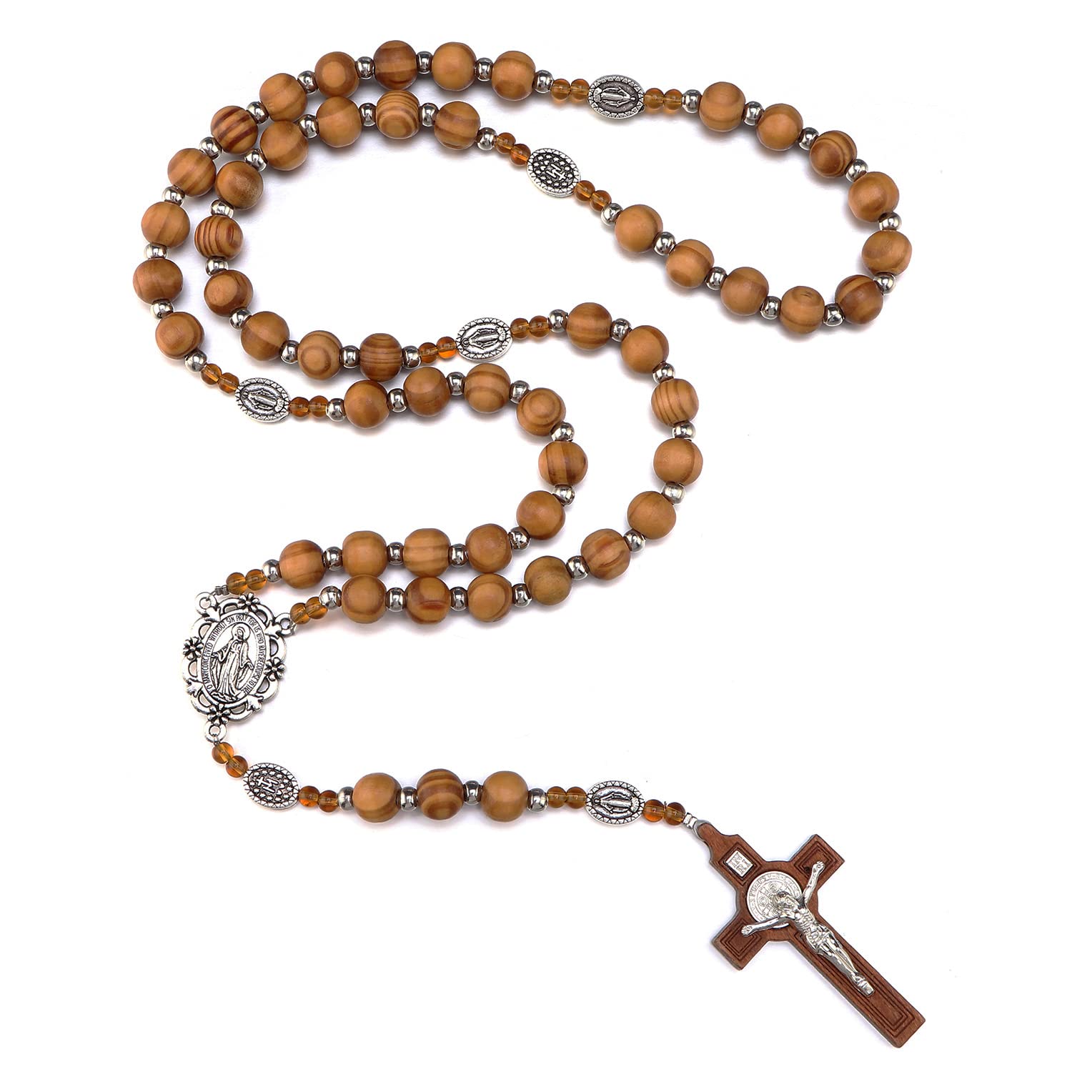 Faithful Catholic Wooden Rosary for Men, Our Father Sacred Handmade Wood Beads Rosary Necklace with Our Lady Crucifix Cross, Rosarios Catolicos Para Rnivida