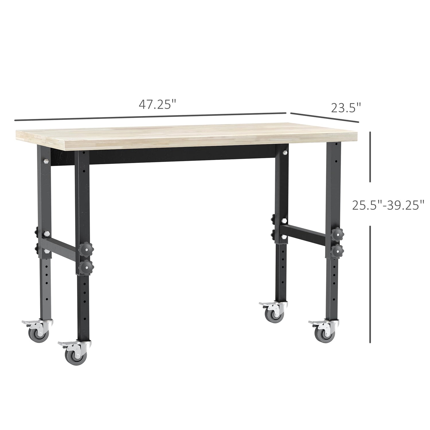 HOMCOM 47" Work Bench with Height Adjustable Legs, Bamboo Tabletop Workstation Tool Table on Wheels for Garage, Weight Capacity 1320 Lbs, HOMCOM