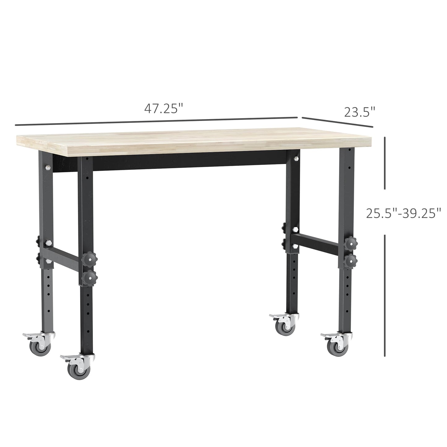 HOMCOM 47" Work Bench with Height Adjustable Legs, Bamboo Tabletop Workstation Tool Table on Wheels for Garage, Weight Capacity 1320 Lbs, - WoodArtSupply