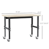 HOMCOM 47" Work Bench with Height Adjustable Legs, Bamboo Tabletop Workstation Tool Table on Wheels for Garage, Weight Capacity 1320 Lbs, HOMCOM