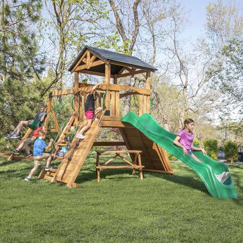 Backyard Discovery Endeavor II All Cedar Wood Swing Set Playset for Backyard with Wave Slide Climbing Wall with Rope Picnic Table Double Wide Rock Backyard Discovery