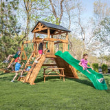 Backyard Discovery Endeavor II All Cedar Wood Swing Set Playset for Backyard with Wave Slide Climbing Wall with Rope Picnic Table Double Wide Rock Backyard Discovery