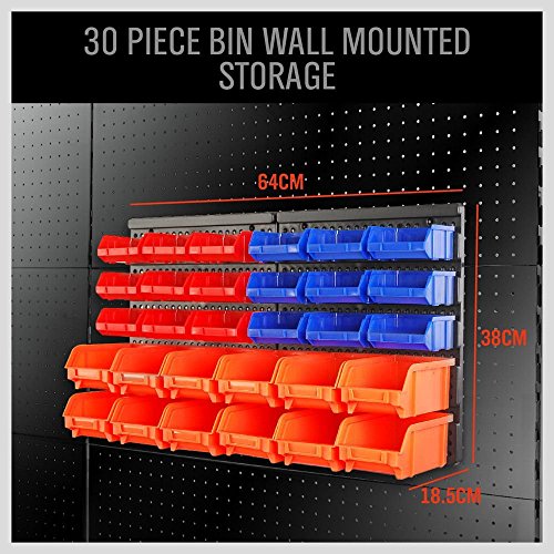 HORUSDY Wall Mounted Storage Bins Parts Rack 30PC Organizer Garage Plastic Shop Tool for Men's Gift, Blue,Orange,Red HORUSDY