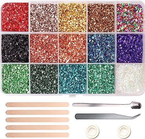 Crushed Glass Craft Glitter Fine for Resin Art, Small Broken Glass Pieces Irregular Metallic Crystal Chips Chunky Flakes Sequins for Nail Arts DIY