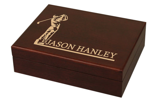 DA VINCI Personalized Wood Mahogany Golf Ball Box with Space for 12 Balls (His Swing) - WoodArtSupply