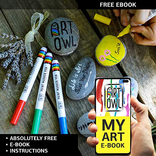 Art Owl 12 Basic Acrylic Paint Pens Extra Fine Tip and 12 Glitter Paint Markers Extra Fine Tip, Bundle for Rock Painting, Stone, Ceramic, Glass, Wood Art Owl