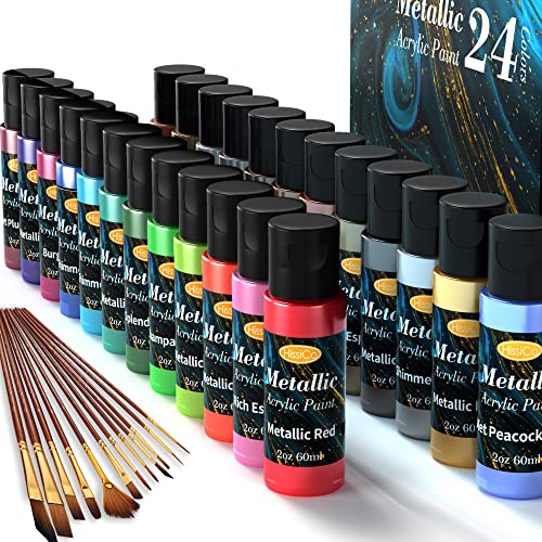 Metallic Acrylic Paint Set of Premium 24 Colors with 12 Brushes，Professional Grade Metallic Paints with Bottles (2fl oz 60ml), Rich Pigments of Non - WoodArtSupply