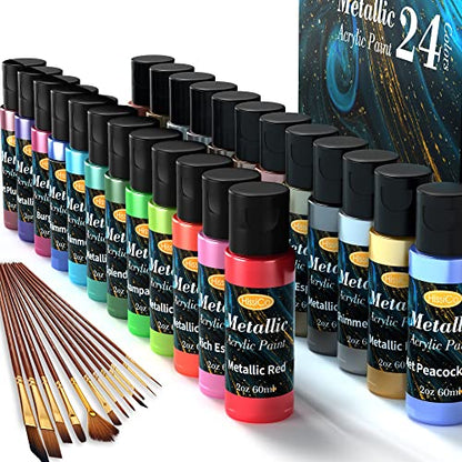 Metallic Acrylic Paint Set of Premium 24 Colors with 12 Brushes，Professional Grade Metallic Paints with Bottles (2fl oz 60ml), Rich Pigments of Non - WoodArtSupply