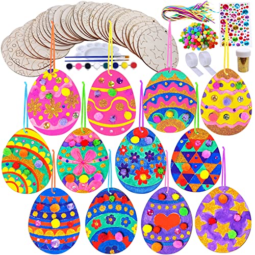 36 Sets Wooden Easter Ornaments Decorations DIY 3D Easter Craft Kit Assorted Paintable Unfinished Wood Easter Egg Ornaments for Kids Party Favors