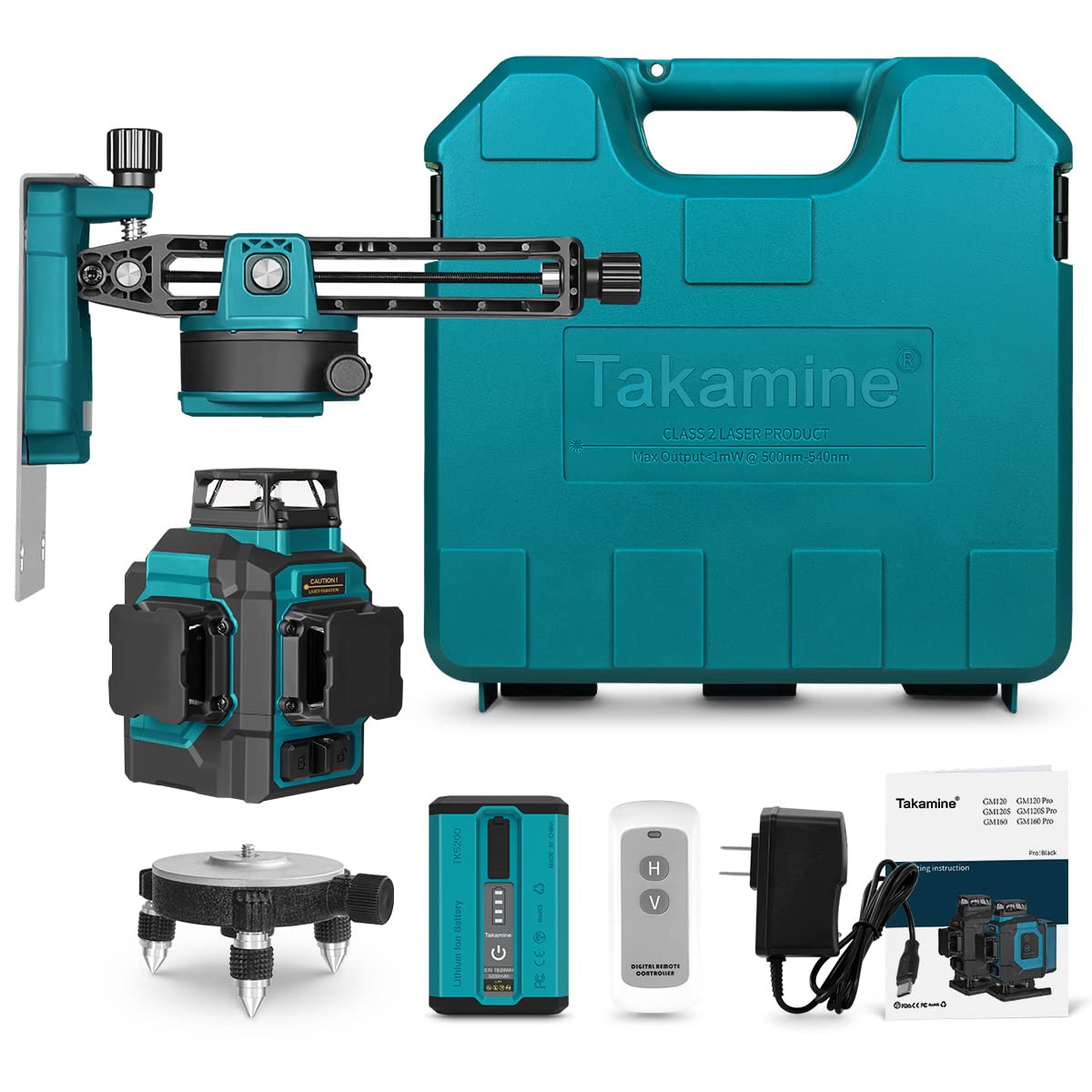 Takamine 3x360° 12 Lines Self Leveling Green Laser Level, 3D Cross Line for Construction/Picture Hanging with Removable Li-ion Battery, Remote Takamine