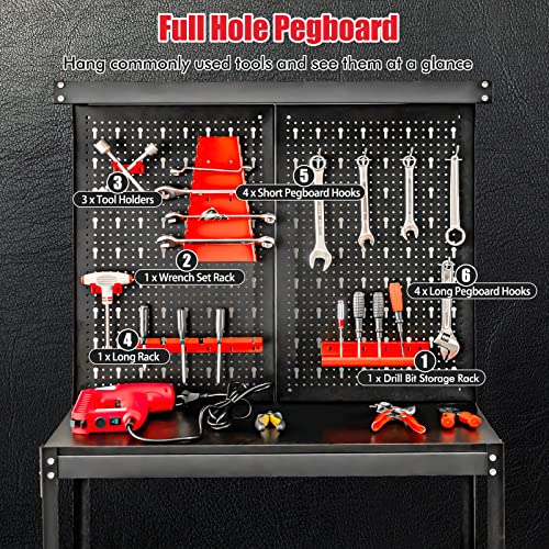 Goplus Work Bench, Work Table with Pegboard, 14 Hanging Accessories, 2 Open Shelves, Heavy Duty Steel Tool Bench, Workbench for Garage Home Workshop Goplus