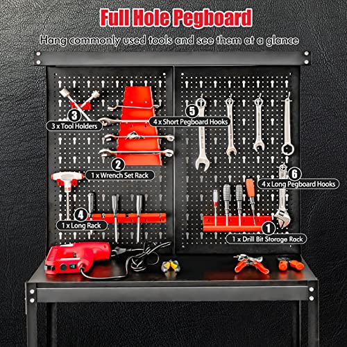 Goplus Work Bench, Work Table with Pegboard, 14 Hanging Accessories, 2 Open Shelves, Heavy Duty Steel Tool Bench, Workbench for Garage Home Workshop