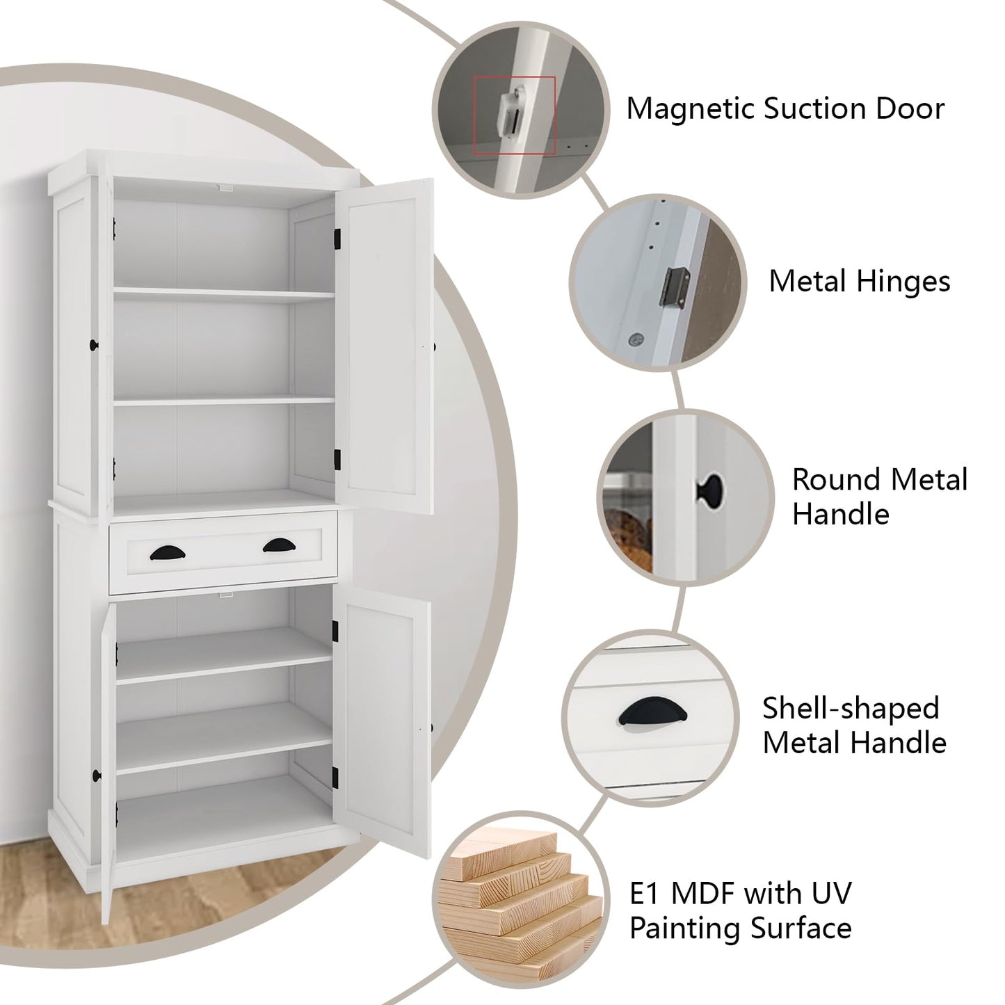 GOAWGO 72" Kitchen Pantry Storage Cabinet with Doors and Shelves Freestanding Kitchen Cupboard with Drawer Food Pantry Cabinet Wood White Storage