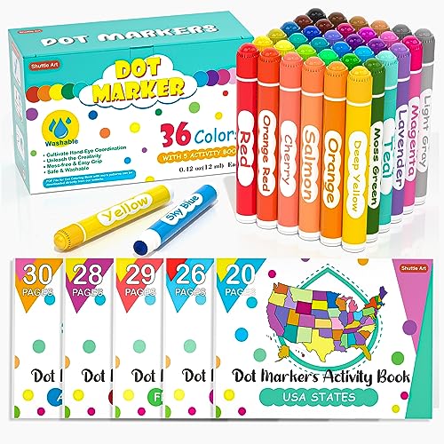 Shuttle Art Dot Markers, 36 Colors Washable with 135 Activity Sheets, 5 Activity Books, Fun Art Supplies for Kids Toddlers and Preschoolers, Non Shuttle Art