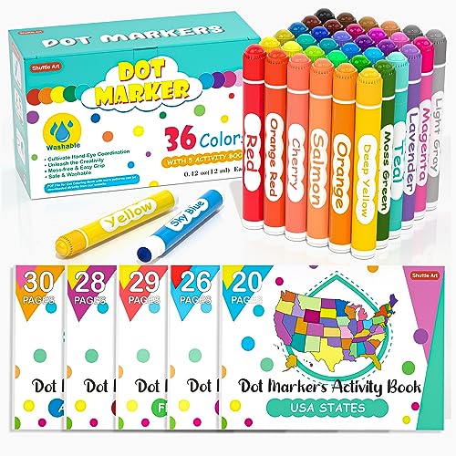Shuttle Art Dot Markers, 36 Colors Washable with 135 Activity Sheets, 5 Activity Books, Fun Art Supplies for Kids Toddlers and Preschoolers, Non