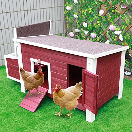 Petsfit Chicken Coop with Nesting Box, Outdoor Hen House with Removable Bottom for Easy Cleaning, Weatherproof Poultry Cage, Rabbit Hutch, Wood Duck House Red