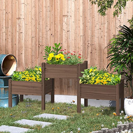 Outsunny Raised Garden Bed with 3 Planter Box, Elevated Wooden Plant Stand with Drainage Holes, for Vegetables, Herb and Flowers, Coffee Outsunny