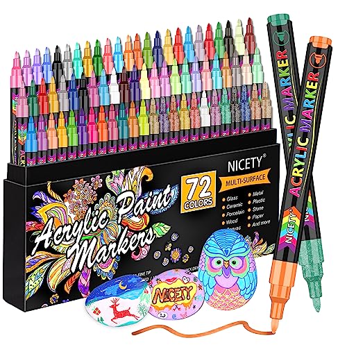 NICETY 72 Colors Acrylic Paint Pens Paint Markers, Extra Fine Tip Point Acrylic Paint Pens for Rock Painting, Canvas, Wood, Ceramic, Glass, Stone, NICETY