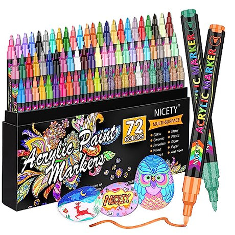 NICETY 72 Colors Acrylic Paint Pens Paint Markers, Extra Fine Tip Point Acrylic Paint Pens for Rock Painting, Canvas, Wood, Ceramic, Glass, Stone, NICETY