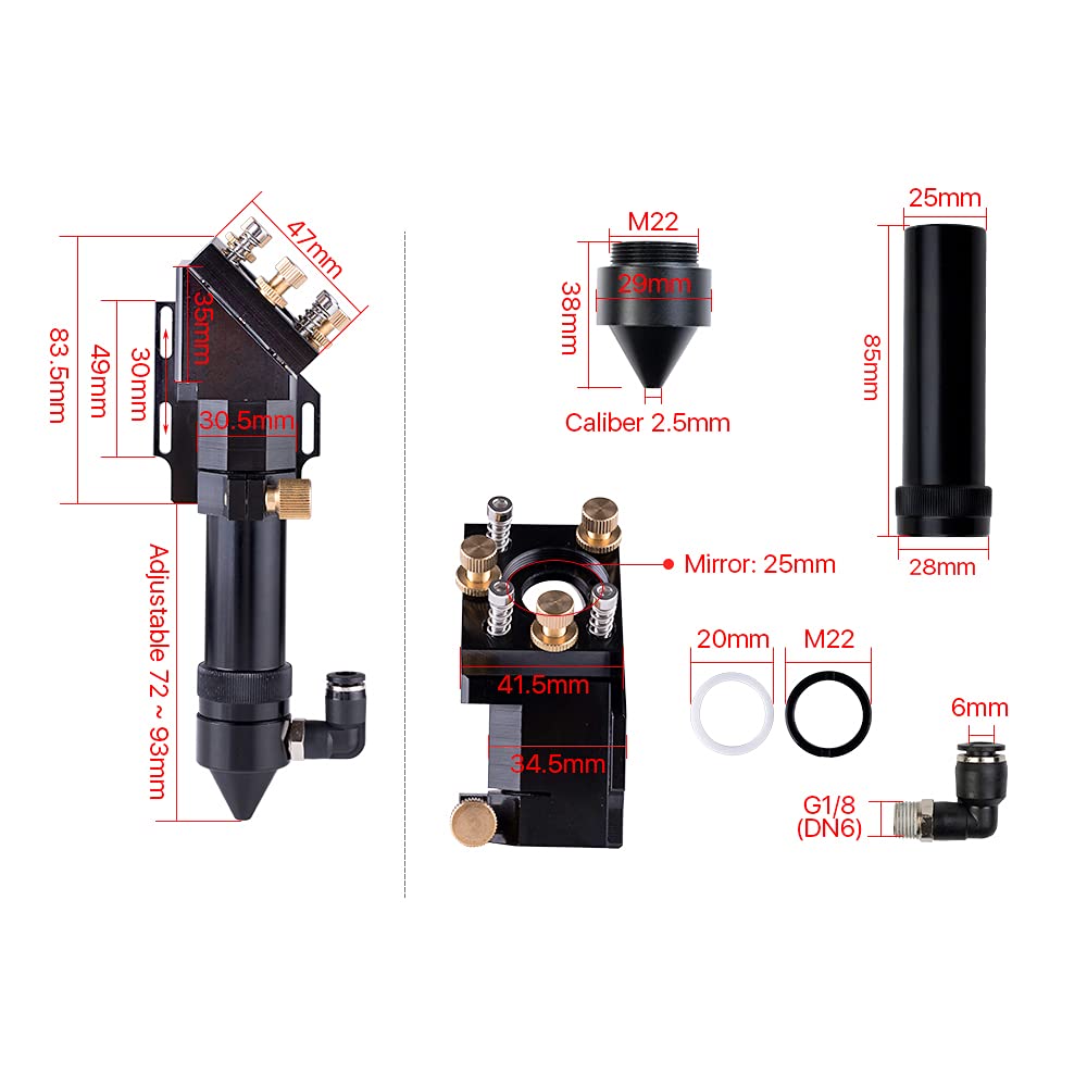 Cloudray E Series Cutting Head Outer Slider Type Dia20mm FL50.8/63.5mm with Air Assist Nozzle for Outer Rail SG15 Bearings Cloudray
