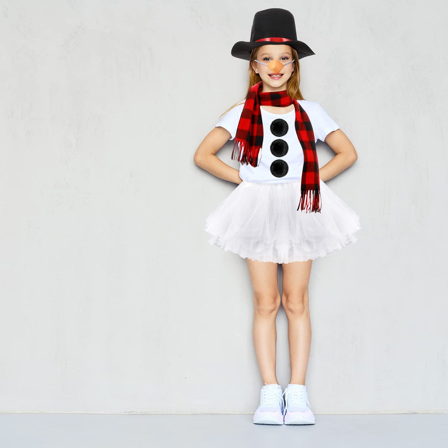 Haysandy 7 Pcs Adult Kid Snowman Christmas Costume Kit, Snowman Hat Carrot Nose Scarf White 5 Layers Tutu Skirt 3 Balls(Plaid, Adult Size) Haysandy