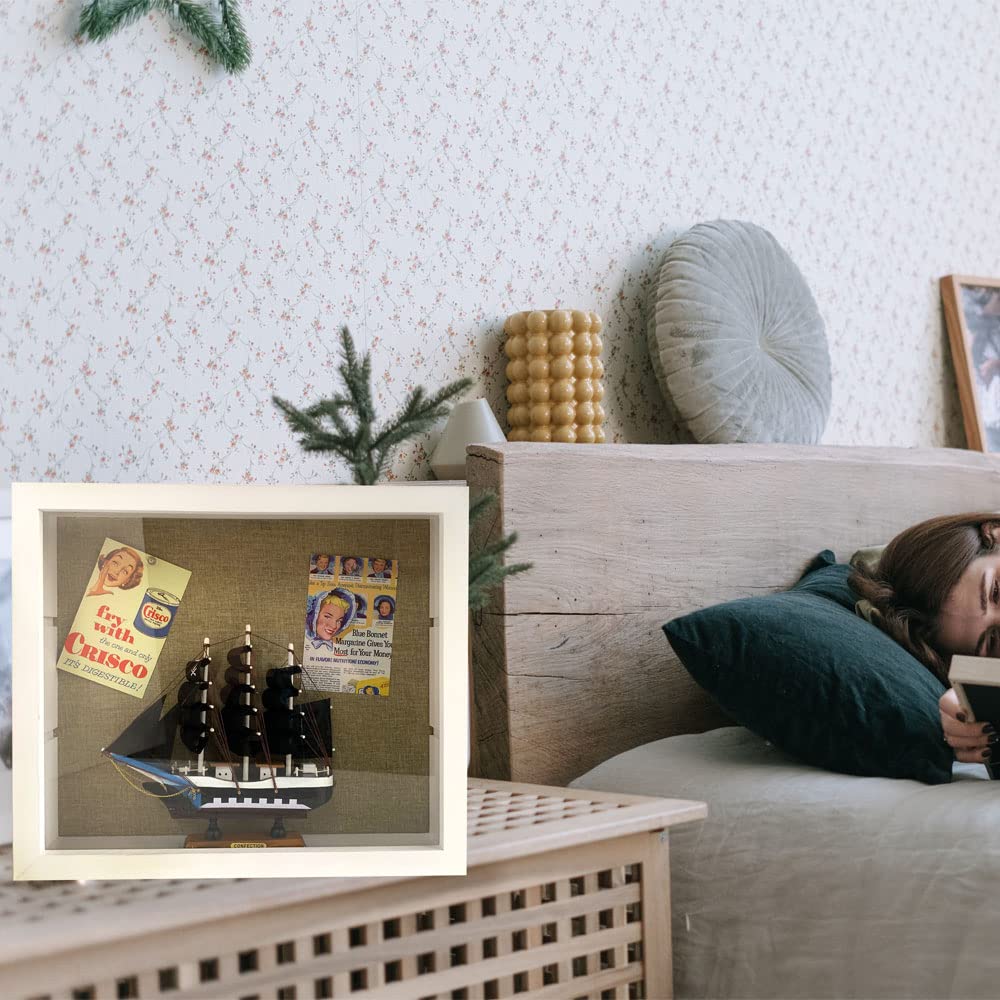 WANLIAN Large Shadow Box with Shelves, 16x14 Wooden Shadow Box Display Cabinet with Acrylic Window, 2 Removable Shelves and Linen Back, for WANLIAN