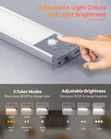 65 LED Under Cabinet Lights 2 Packs, 3 Color Temperatures Dimmable Motion Sensor Closet Lights, 2500mAh Rechargeable Under Counter , Wireless Night HIBOITEC