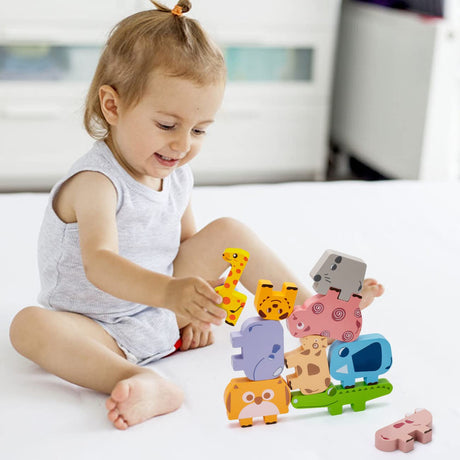 Montessori Toys for 2 3 4 Year Old, 10pcs Wooden Animal Blocks Sorting & Stacking Toys for 2-4 Year Old Toddlers Girl Boy Gifts, Kids Preschool Bambilo