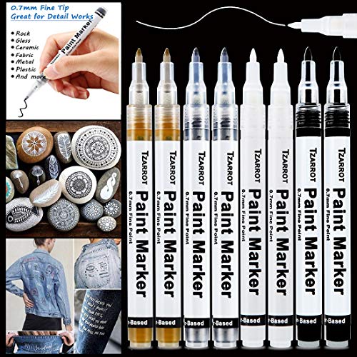 White Paint Pen, 8 Pack 0.7mm Acrylic Paint Pens with 2 White 2 Black 2 Gold 2 Silver Paint Pen Permanent Marker for Wood Rock Fabric Metal Plastic TZARROT