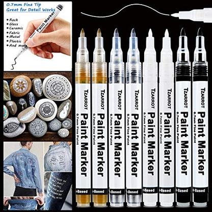 White Paint Pen, 8 Pack 0.7mm Acrylic Paint Pens with 2 White 2 Black 2 Gold 2 Silver Paint Pen Permanent Marker for Wood Rock Fabric Metal Plastic - WoodArtSupply