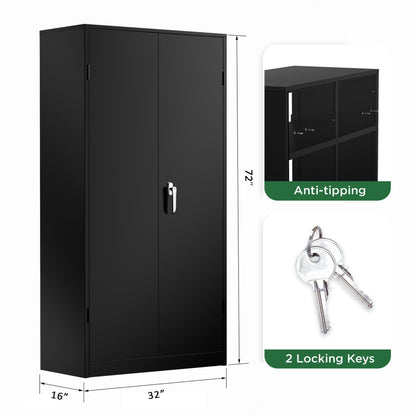 Greenvelly Metal Cabinet, 72” Black Tool Steel Locking Cabinet with Doors and 4 Shelves, Tall Cabinets for Garage Storage Systems Lockable File