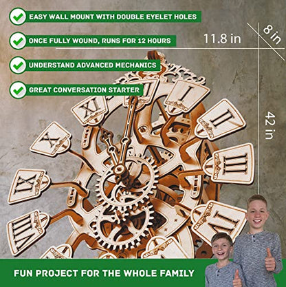 Wood Trick Pendulum Wall Clock Kit Wooden 3D Puzzles for Adults and Kids to Build - 3D Wall Clock Mechanical Model - 42x12 in - Engineering DIY