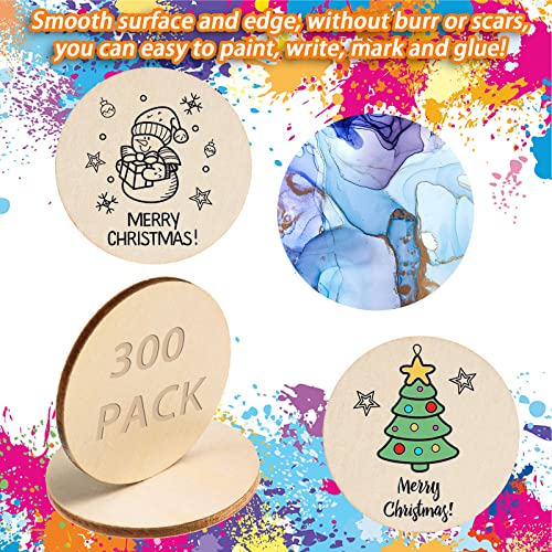 300 Pieces 2 Inch Unfinished Round Wood Slices Round Wooden Discs Wood Circles for Crafts Wood Blanks Round Cutouts Ornaments Slices for DIY Art AWIZOM
