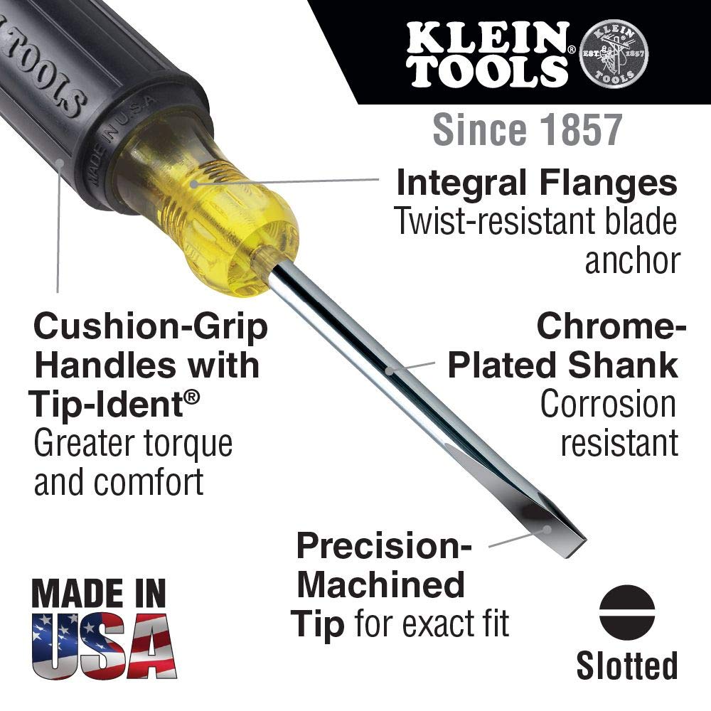 Klein Tools 85074 Screwdriver Set 6-Piece Includes 3 All-Purpose Flathead, 3 Phillips, Cushion Grip Comfort, Precision Machined Screwdrivers Klein Tools