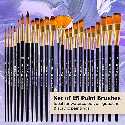 TRITART Paint Brush Set of 25 - Suitable as Acrylic, Watercolor & Oil Brushes - Paintbrushes with 2 Mixing Pallets - Artists Painting Supplies