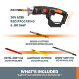 WORX WX550L.9 20V Power Share Axis Cordless Reciprocating & Jig Saw (Tool Only) WORX