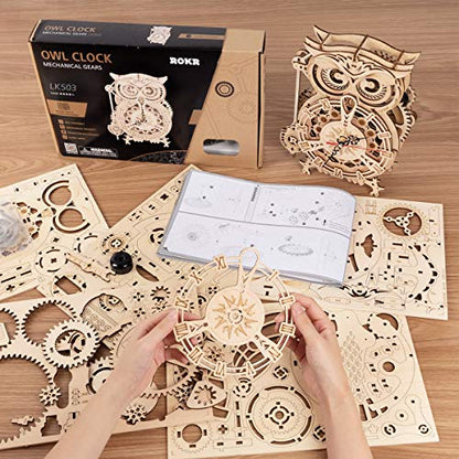 3D Wooden Puzzles ROKR Owl Clock - Mechanical Model Building Kit for Adults 161PCS Clock Puzzles Creative Gift Home Decor for Family - WoodArtSupply