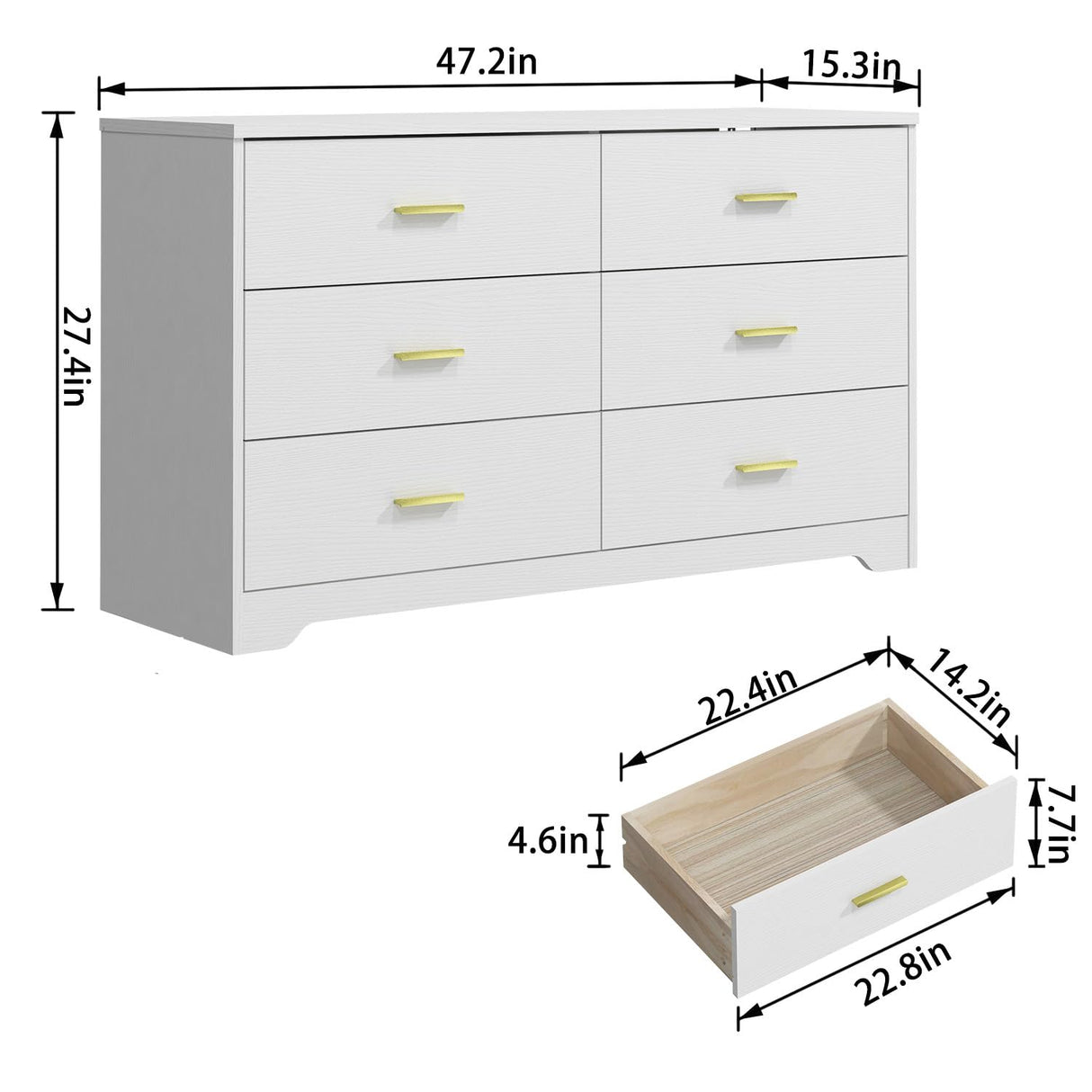 Modern 6 Drawer Wood Dresser, Wood Lateral Chest of Drawers Storage Organizer with Wide Drawers & Metal Gold Handles for Bedroom, Living Room, Panana