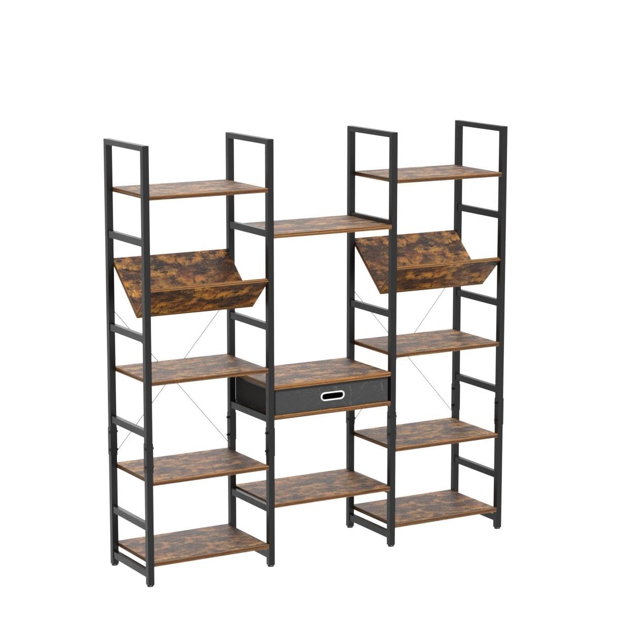 NUMENN Adjustable 5-Tier Triple Wide Rustic Industrial Bookshelf - WoodArtSupply